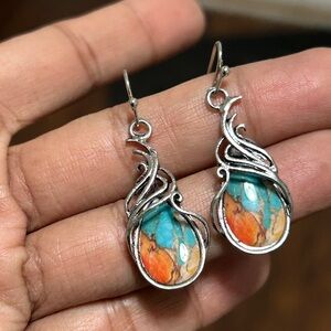 Handcrafted Silver-Tone Turquoise & Orange Teardrop Earrings